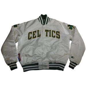 Vintage 90s Starter Boston Celtics White Satin Bomber Jacket Mens Large Made USA